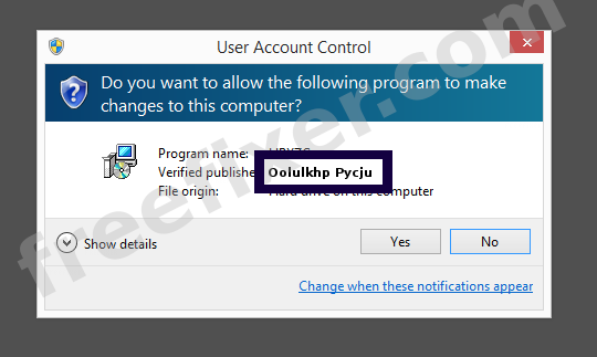 Screenshot where Oolulkhp Pycju appears as the verified publisher in the UAC dialog